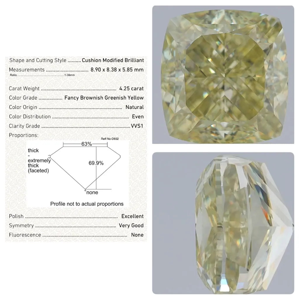 4.25ct Cushion brilliant Natural Diamond (Colour Fancy Yellow, Clarity VVS1, GIA Certified)